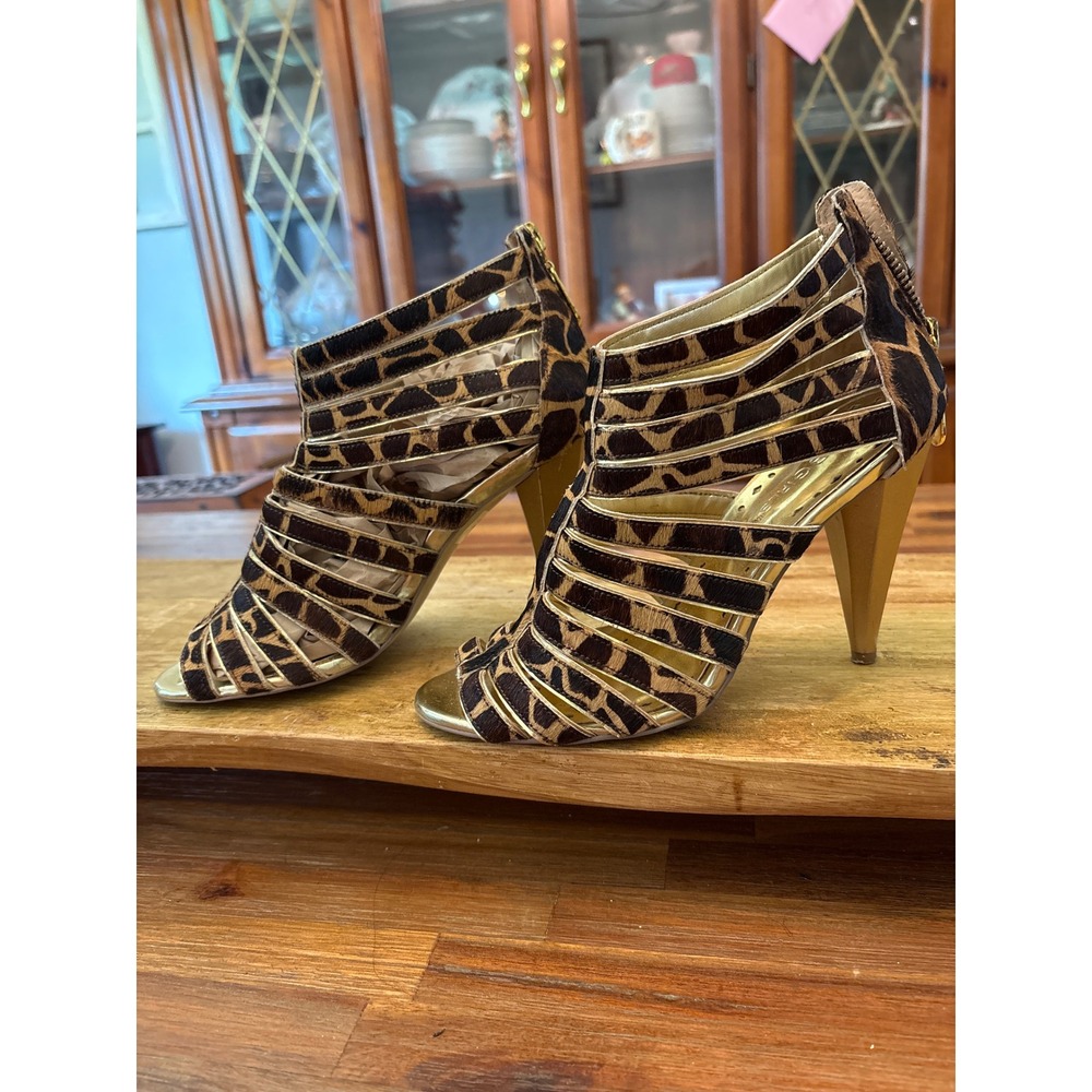 BCBGirls Heels Women 6B Brown Leopard Calf Hair Gold Strappy Good Cone Heel Zip